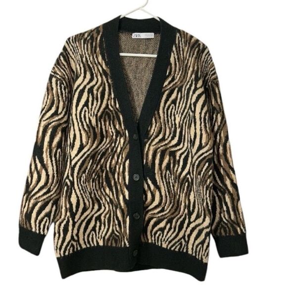 Zara Animal Print Wool Blend Brown & Black Button
Down Oversized Cardigan Small) - Picture 3 of 7